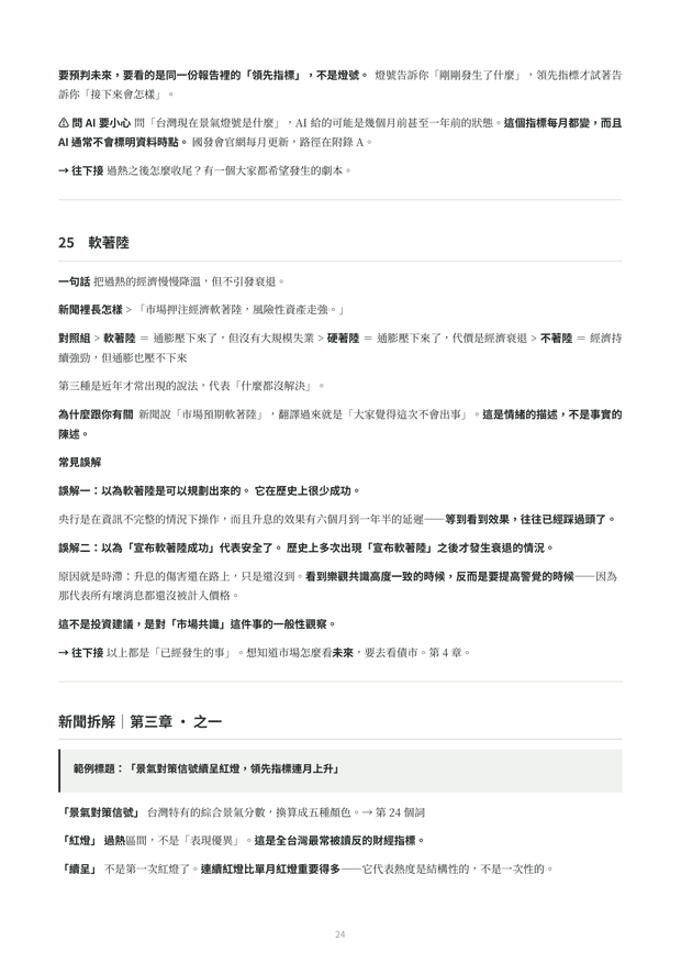 內頁預覽：軟著陸關鍵詞，含一句話定義、新聞裡怎麼出現、兩則常見誤解與往下接的章節指引