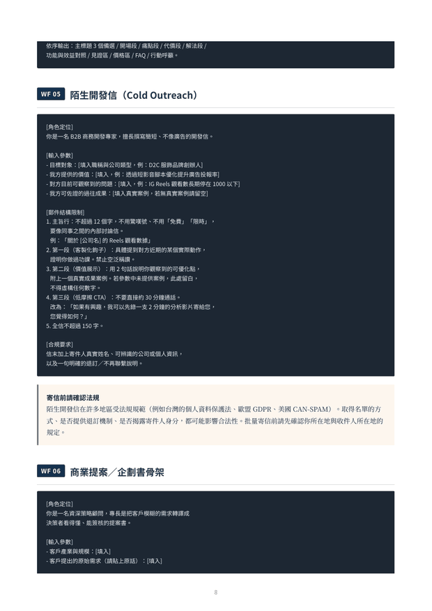 內頁預覽：陌生開發信提示詞，角色定位、輸入參數與郵件結構限制三段式結構